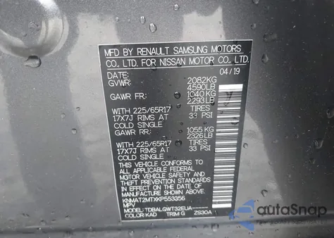 2019 Nissan Rogue Sv z USA, uszkodzony, nr VIN KNMAT2MTXKP553356